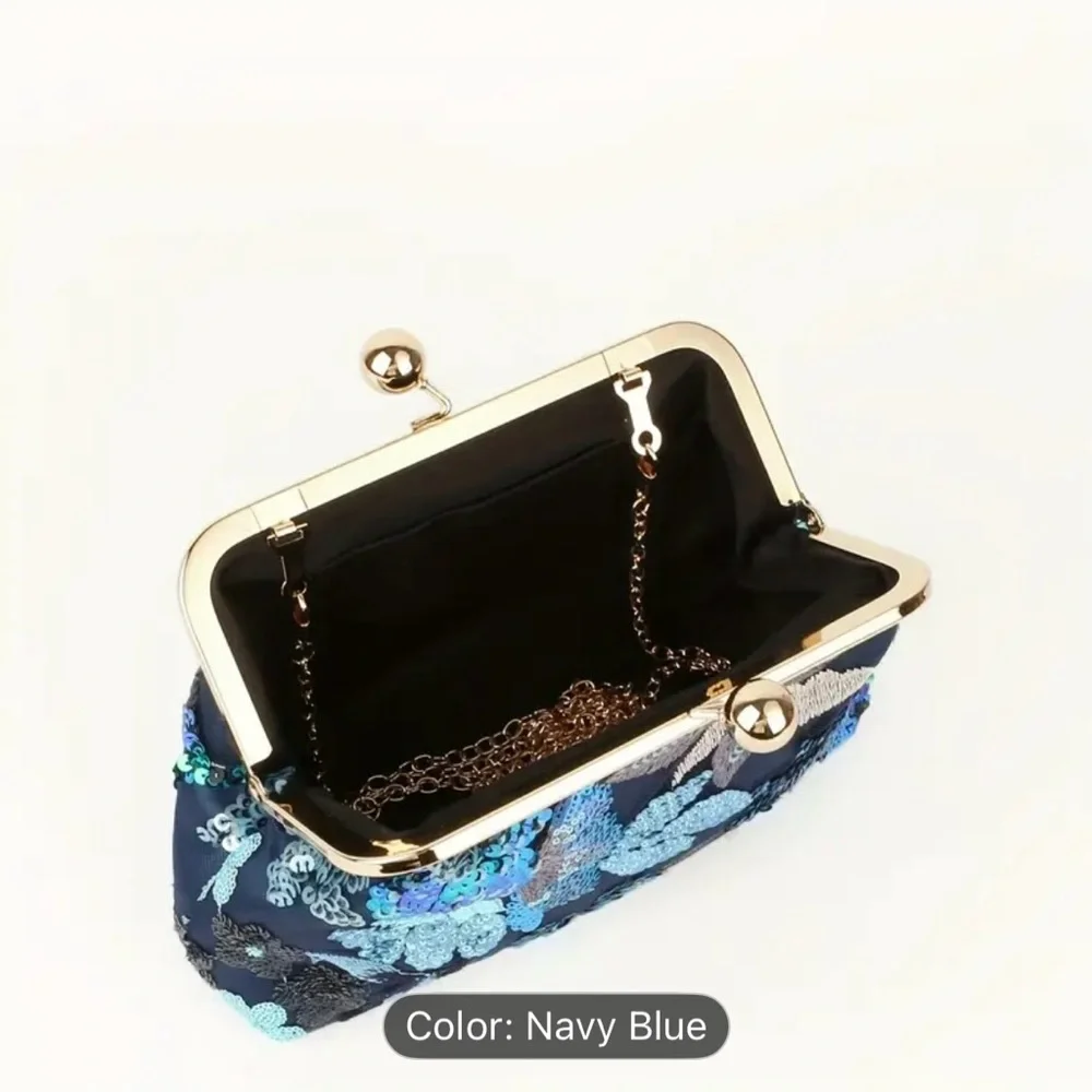 Navy Blue Sequin Floral Evening Clutch - Picture 4 of 6